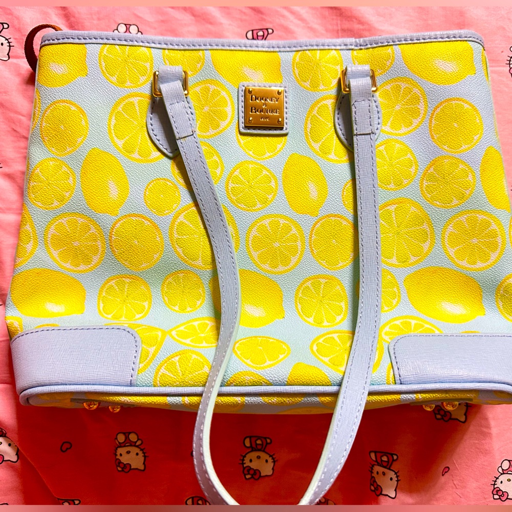 Dooney & Bourke Yellow Lemon Print Tote with Light Blue Trim
